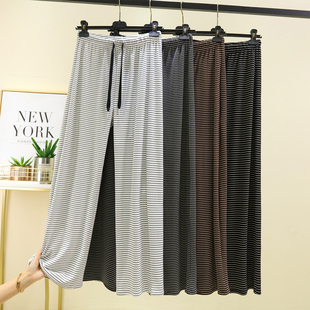 秋冬德绒条纹休闲裤女外穿大码直筒裤加绒加厚保暖阔腿家居裤长裤