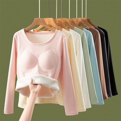 秋冬季加绒加厚打底衫女士带胸垫一体式内穿圆领保暖防寒大码上衣