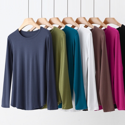 莫代尔打底衫女秋冬大码宽松圆领薄内搭长袖T恤秋衣纯色外穿上衣