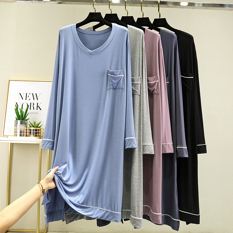 莫代尔春秋百搭V领家居服睡裙