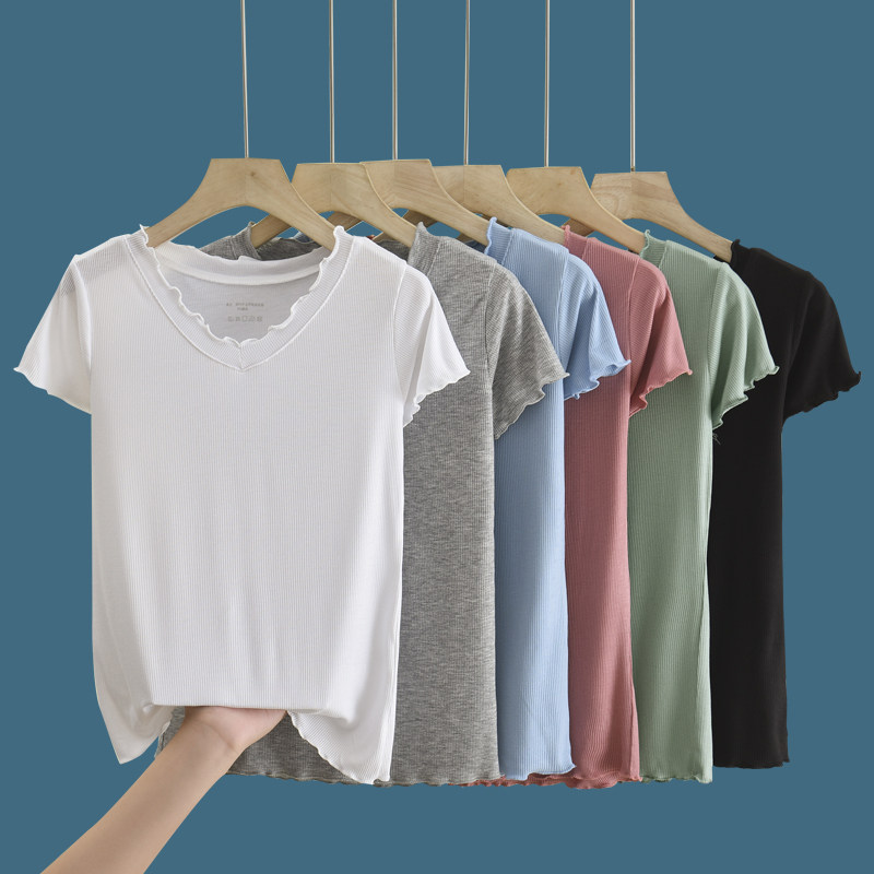 莫代尔v领T恤女夏季薄款短袖内搭打底衫修身百搭纯色洋气针织上衣