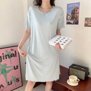 莫代尔短袖连衣裙女夏季薄款宽松圆领纯色a字裙中长款家居服睡裙