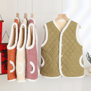 加绒马甲女秋冬外穿加厚背心坎肩外搭保暖V领短款中式马夹棉外套