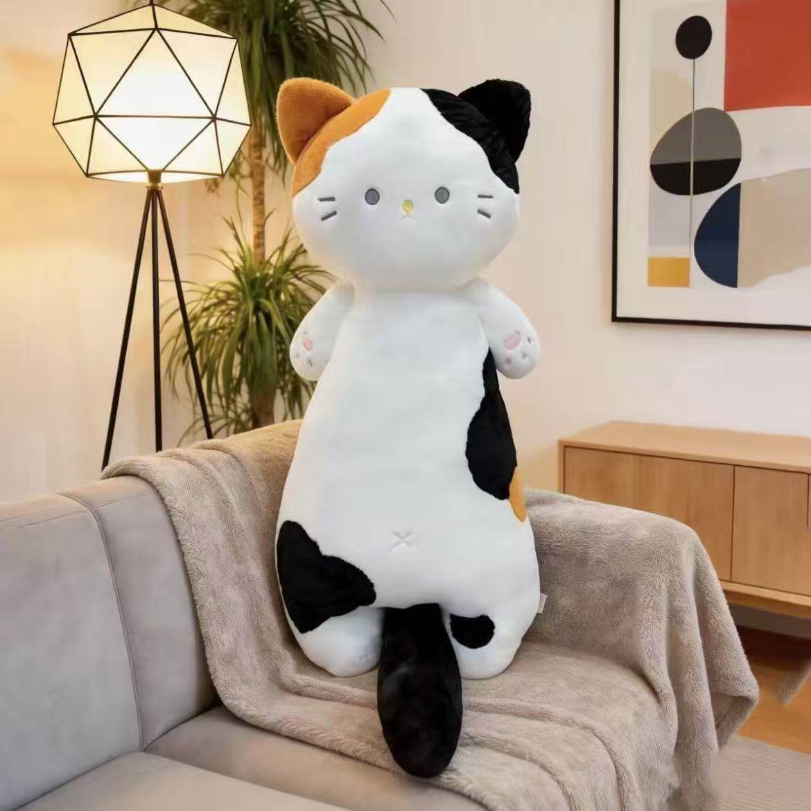 三花猫长条抱枕黑猫抽象毛绒玩偶图片