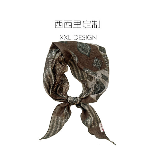 丝巾三角巾女复古高级感棕绿几何系腰领巾 搭配衬衫的ins头巾发带