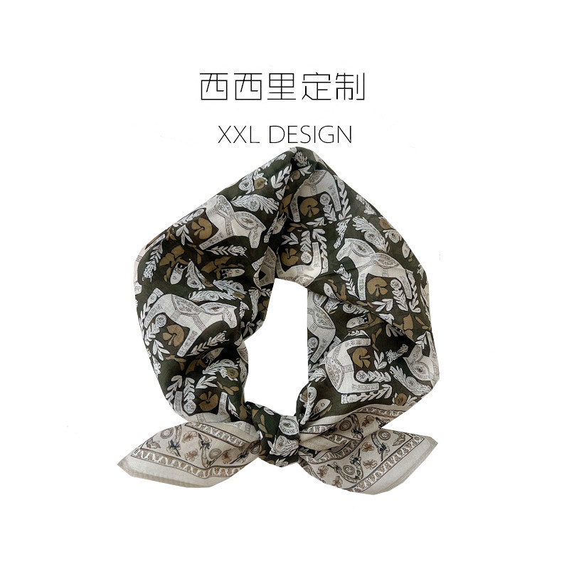 丝巾小方巾女高级感复古绿色木马真丝棉领巾 搭配衬衫ins头巾发带