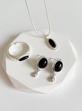 小众个性高级感黑玛瑙水滴型项链简约冷淡风戒指耳钉