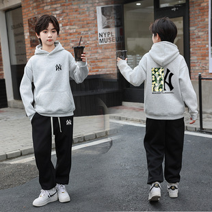 品牌清仓男童春秋冬套装中大童连帽卫衣运动服儿童加绒红色两件套