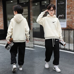 品牌清仓男童秋冬套装中大童加绒加厚运动服红色连帽卫衣两件套酷