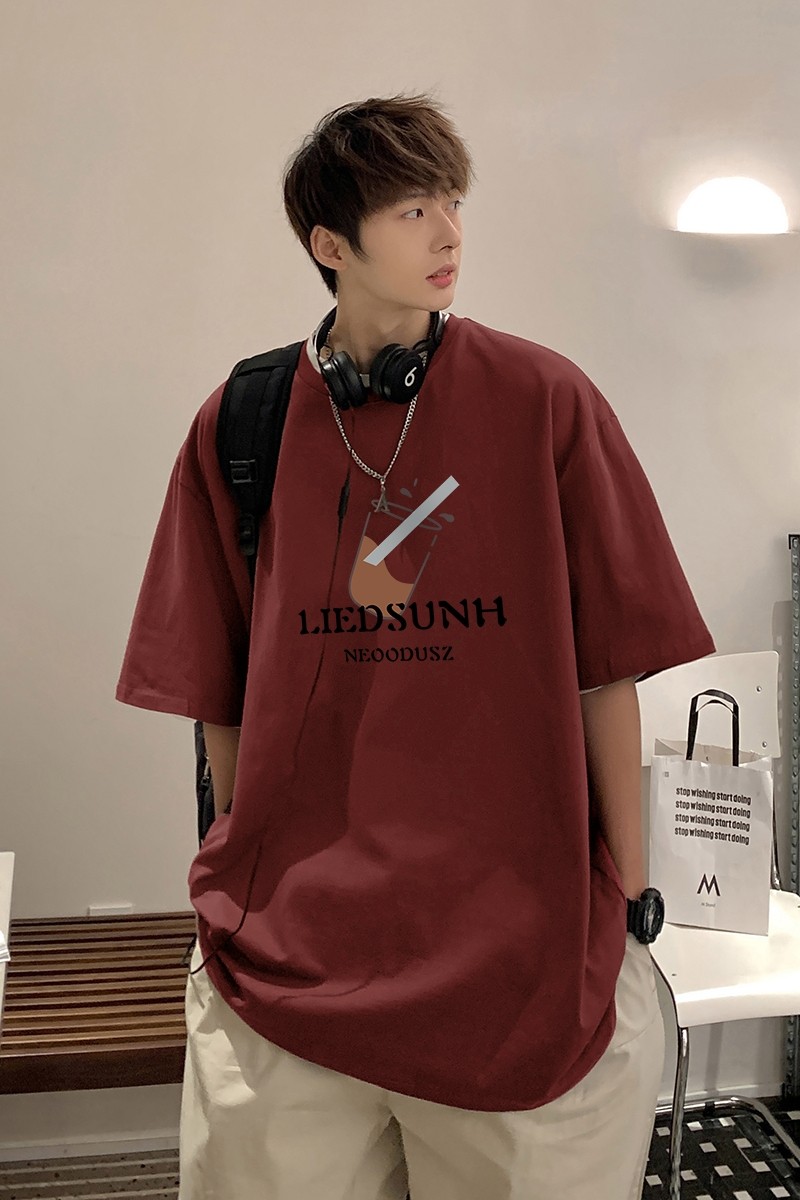 @港风图2023夏酒红休闲百搭图案印花短袖T恤1713-D103-P28控39,男装T恤,星座514A（原614）