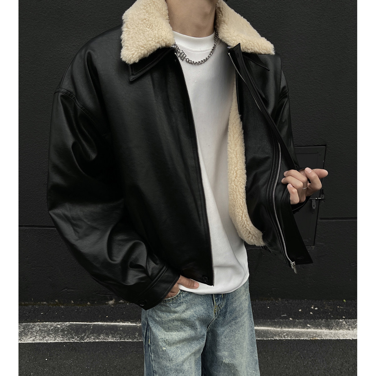 黑墙短款黑标复合800克羊羔毛可拆卸毛领pu皮加厚棉服PY88-P128,男装皮衣,星座514A（原614）