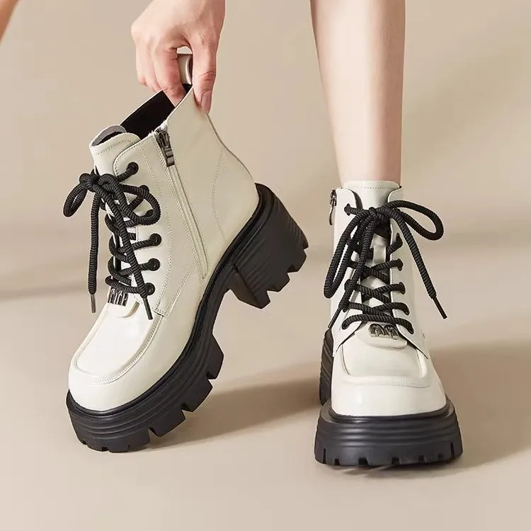 英伦风加绒短靴粗跟短筒靴子厚底增高马丁靴女2025年秋冬季皮鞋女