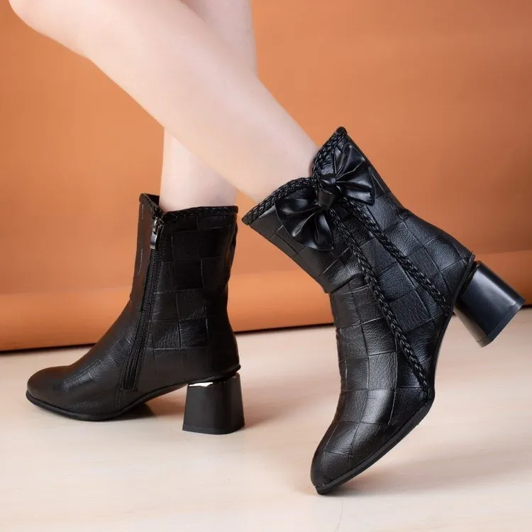 侧拉链马丁靴女粗跟女鞋新款秋冬加绒蝴蝶结尖头中跟显瘦短筒女靴
