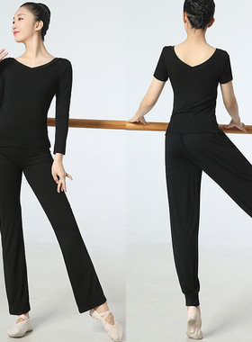 形体服练功舞蹈女上衣训练广场舞服装莫尔黑色跳舞衣服新款中袖