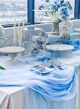 蓝色甜品台布置桌布冰稠布蓝色系茶歇装饰纯色海洋风软网纱主题