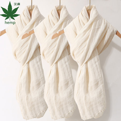 极简风100%纯汉麻褶皱围巾女通勤穿搭装饰轻薄透气防晒空调房披肩