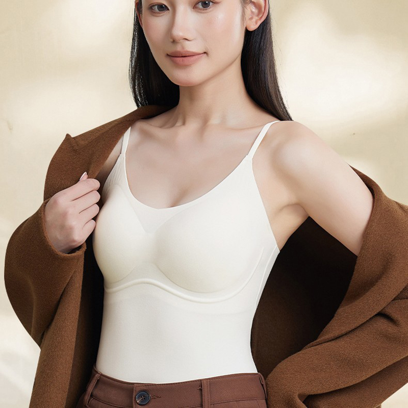 秋冬新款无痕罩杯一体文胸软磨毛保暖女士背心可调节细肩带可外穿