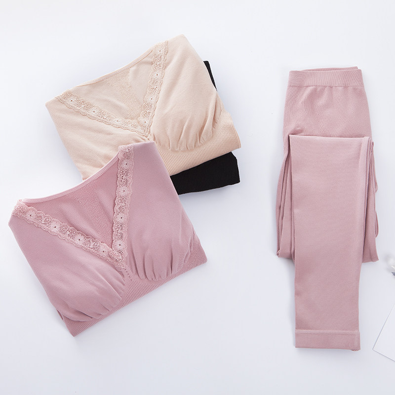 保暖内衣女美体紧身秋冬弹力修身打底衫蕾丝性感秋衣秋裤套装v领