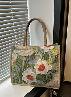 大容量亚麻通勤包包2025新款单肩托特包民族风学生手提上课手提袋