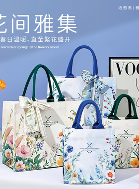 旺店开业礼品帆布袋花间高级帆布托特包大容量带丝巾帆布手提袋