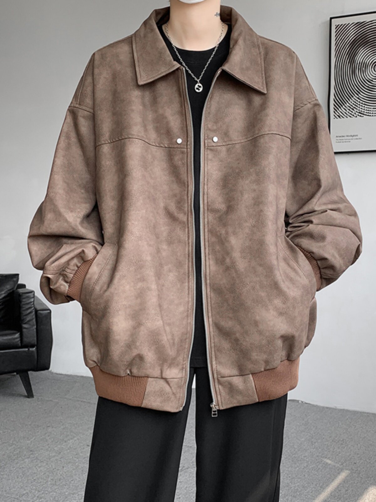 이그 제 큐 티브 재킷 옷깃 커피 브라운 잘 생긴 PU 가죽 자켓 남자 가을 겨울 느슨한 초대형 야구 유니폼