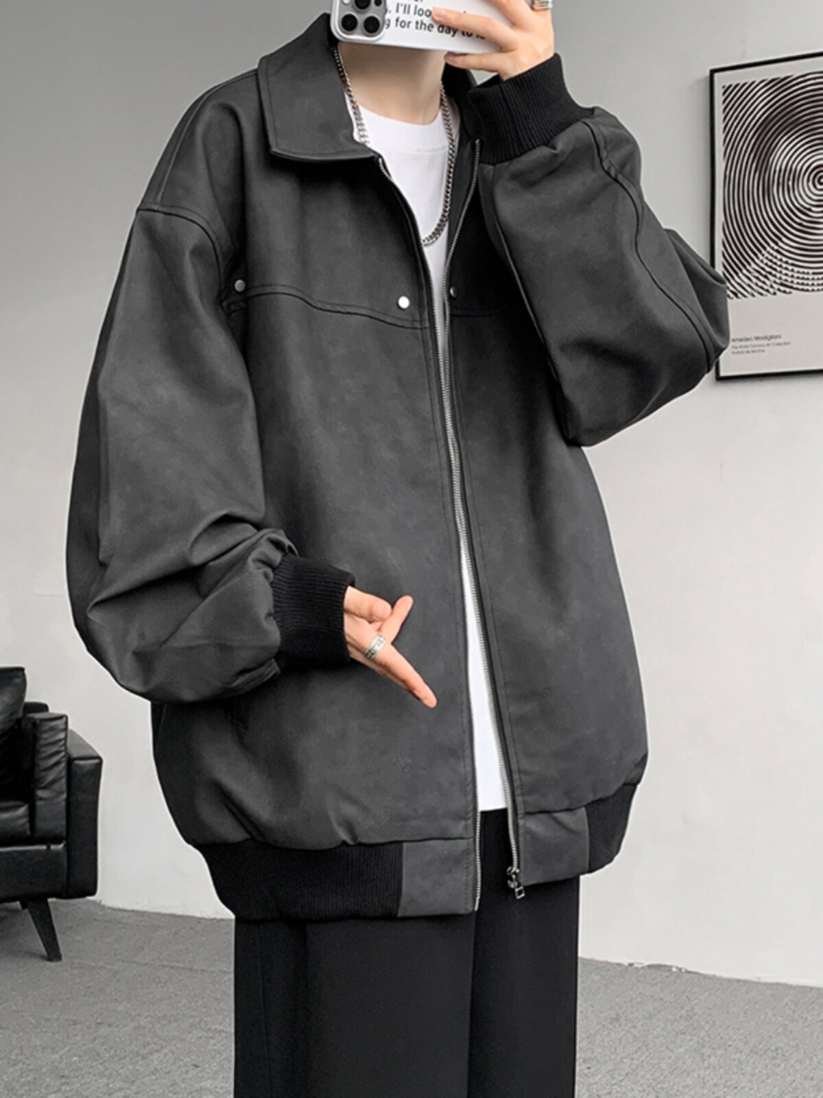 이그 제 큐 티브 재킷 옷깃 커피 브라운 잘 생긴 PU 가죽 자켓 남자 가을 겨울 느슨한 초대형 야구 유니폼