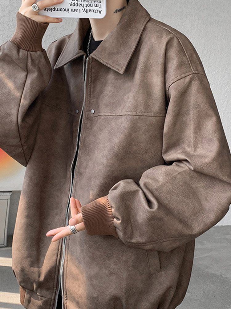 이그 제 큐 티브 재킷 옷깃 커피 브라운 잘 생긴 PU 가죽 자켓 남자 가을 겨울 느슨한 초대형 야구 유니폼