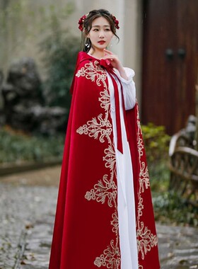 汉服中国风敬酒服新娘披肩夏季斗篷旗袍古装秀禾服外套长版酒红色