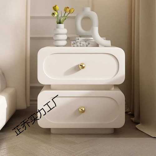 n~家用极简轻奢实木床头柜简约现代法式奶油风储物柜黑色卧室床边