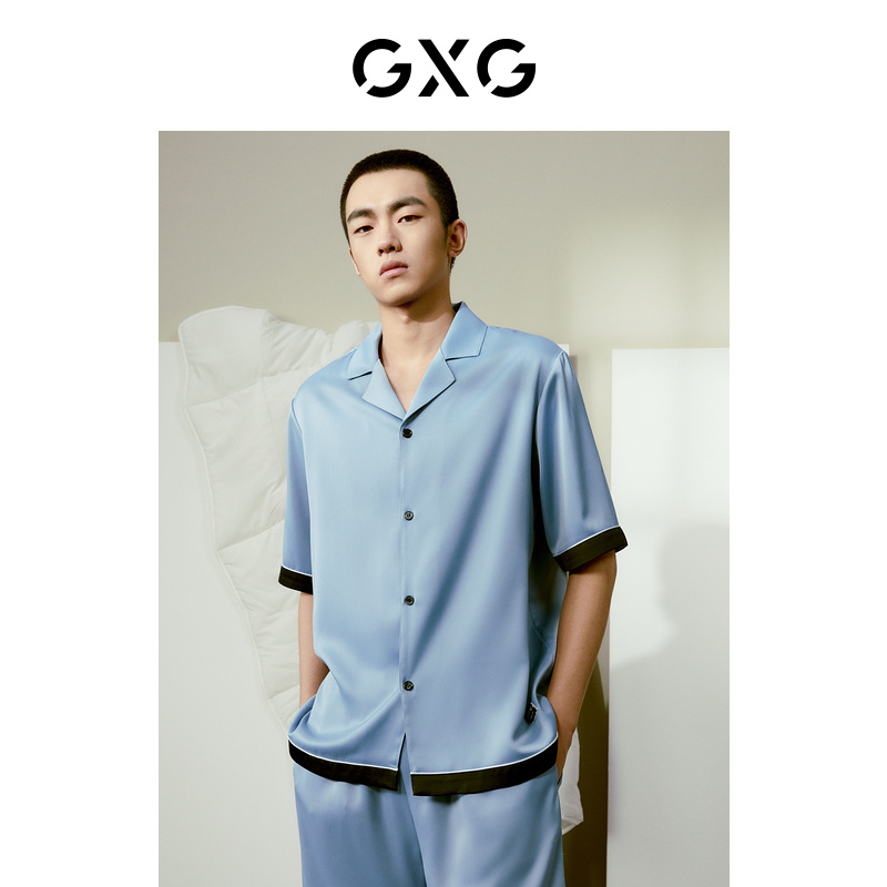 GXG男士家居服缎面冰丝感短袖短裤开襟睡衣套装2024夏季新品