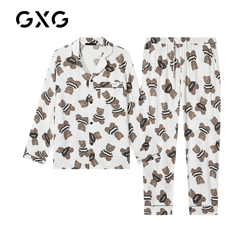 GXG男士睡衣夏天粘纤卡通熊长袖长裤休闲薄款家居服套装日系秋ins