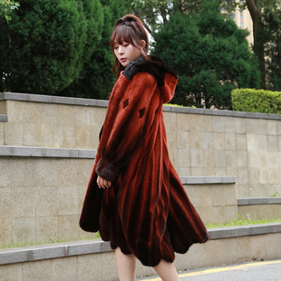 进口貂皮大衣女款整貂连帽皮草中长款天鹅绒冬季新款水貂毛裘皮