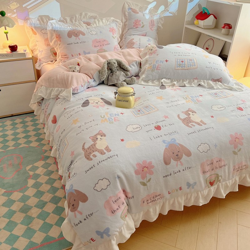 冬季少女公主风牛奶绒四件套珊瑚绒花边被套加绒床单床笠款三件套
