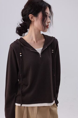 连帽拼色假两件针织衫女上衣