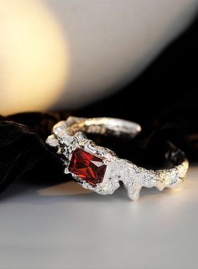 韩版小众设计高级感S925纯银肌理戒指女ins风开口镶嵌指环