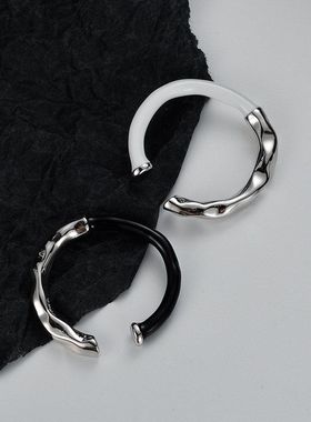 韩版S925纯银肌理感液态金属滴釉戒指女开口时髦个性指环