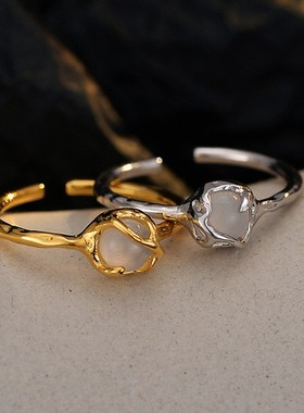 【K社制造】小众简约大气白玛瑙戒指女批发S925纯银开口指环