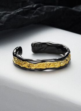 韩国风小众设计师款S925纯银熔岩肌理戒指女开口拼色指环