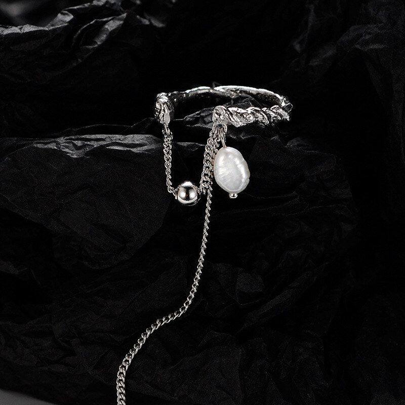 韩版小众设计S925纯银纹理巴洛克珍珠戒指女ins开口流苏耳环