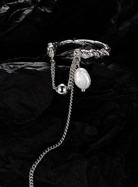 韩版小众设计S925纯银纹理巴洛克珍珠戒指女ins开口流苏耳环