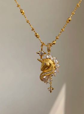 “以梦为马”S925银独角兽项链轻奢拉丝微镶设计灵动感项链女