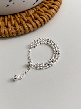 波光粼粼戒指女S925纯银三层圆珠可拉伸叠带款链条指环厂家批发