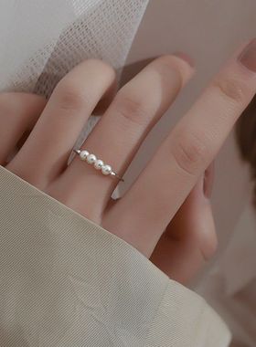 甜美珍珠戒指女韩版个性时尚气质S925银圆珠开口指环ins食指戒潮