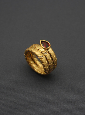 欧美风中古Vintage灵蛇戒指水滴锆石茶色指环黄铜镀老金回流轻奢