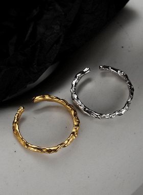 韩版小众小巧S925纯银纹理细指环女ins冷淡风开口不规则戒指