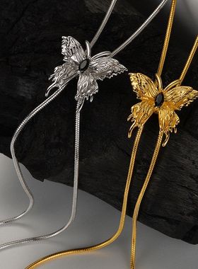 韩版轻奢设计师款S925纯银蝴蝶项链女抽拉式长款毛衣链