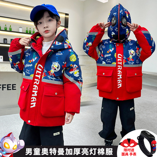 儿童加厚棉衣外套帅气男童宝宝冬季太空人奥特曼眼镜亮灯羽绒棉服