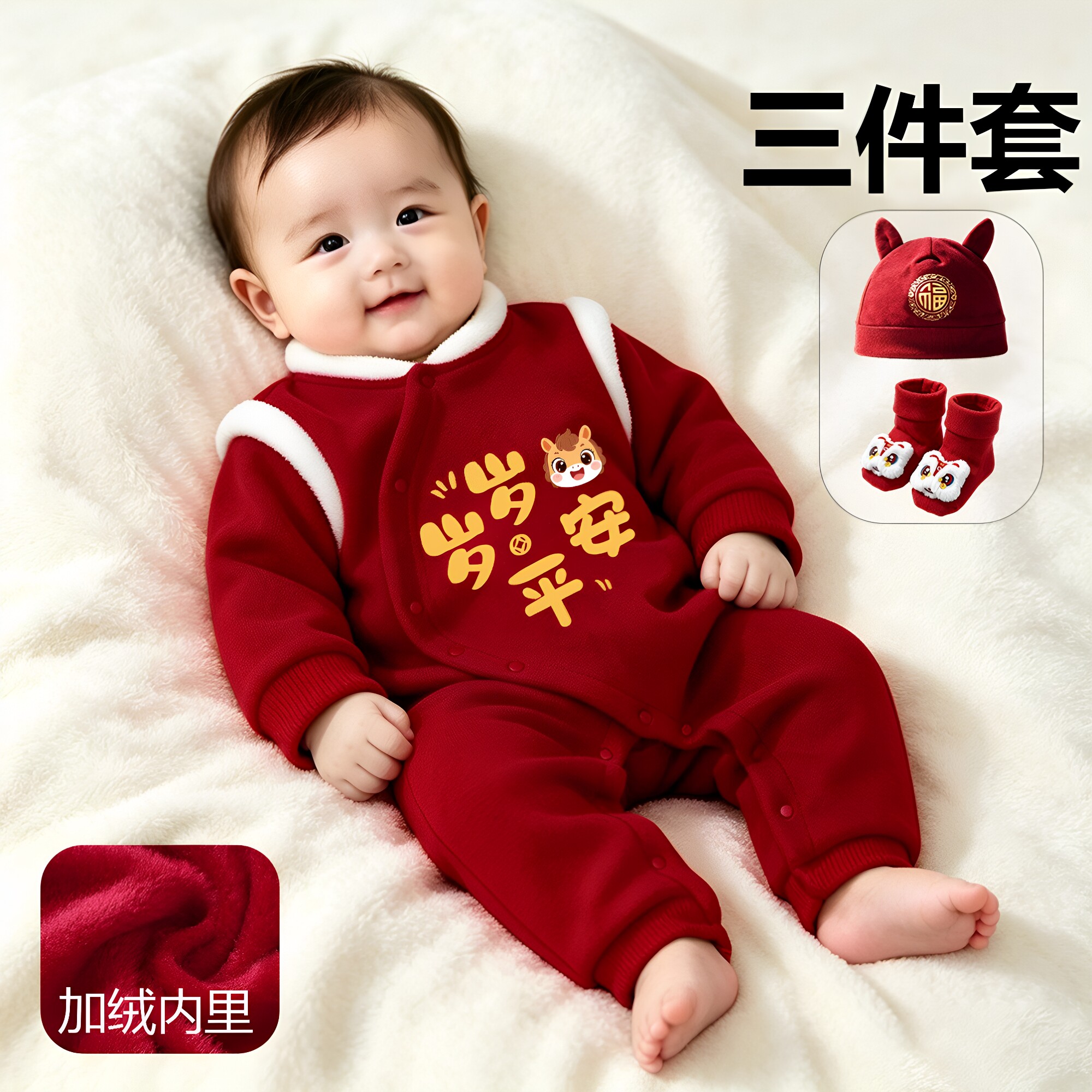 婴儿秋冬加绒喜庆砖红色满月百天