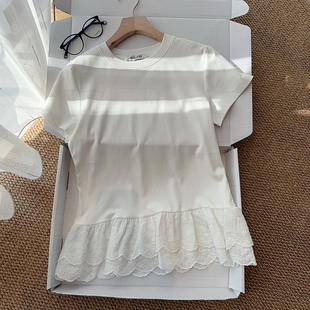021321~「双层花边短袖T」韩系！白色蕾丝花边拼接女士短袖T恤