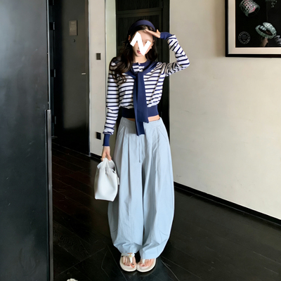 松紧腰撞色抽绳显瘦女士休闲裤